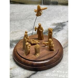 Vintage 1960s 1970s Miniature Hard Plastic Nativity Pieces On Wooden Base MCM